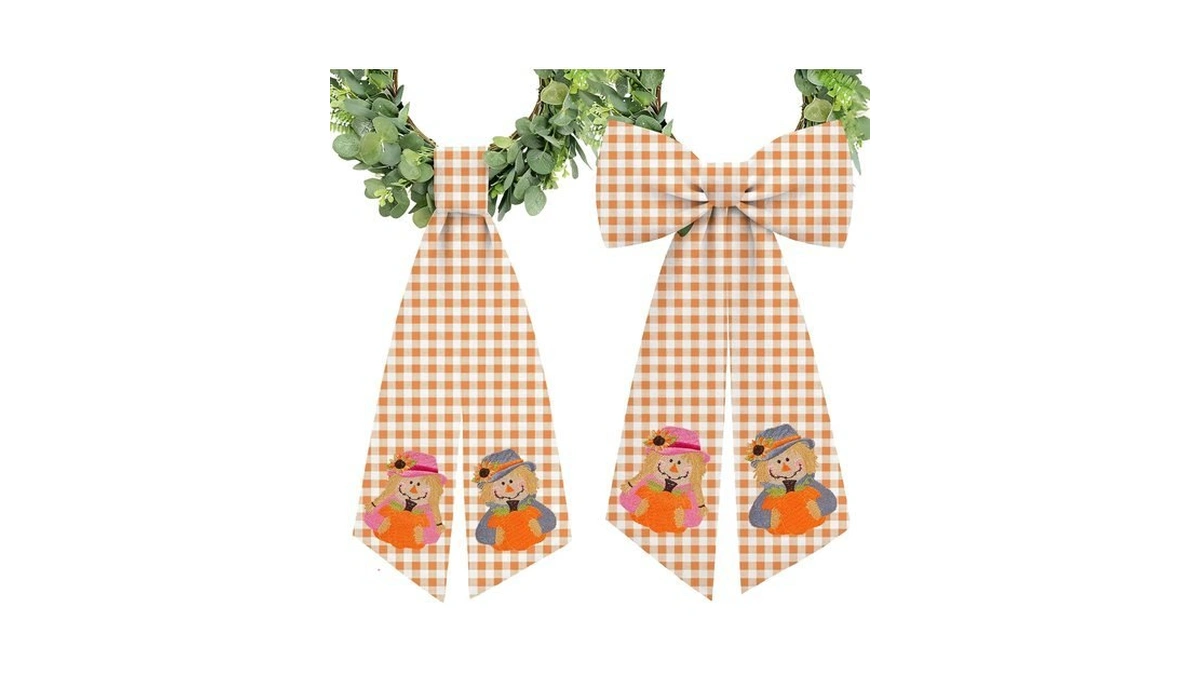 2 Pcs Fall Wreath Sash Plaid Scarecrow For Front Door