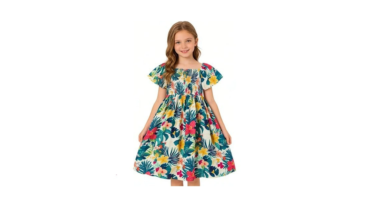 Trendstitch Girls Dresses Smocked Flutter Sleeve Casual Tropical Floral Hawaiian
