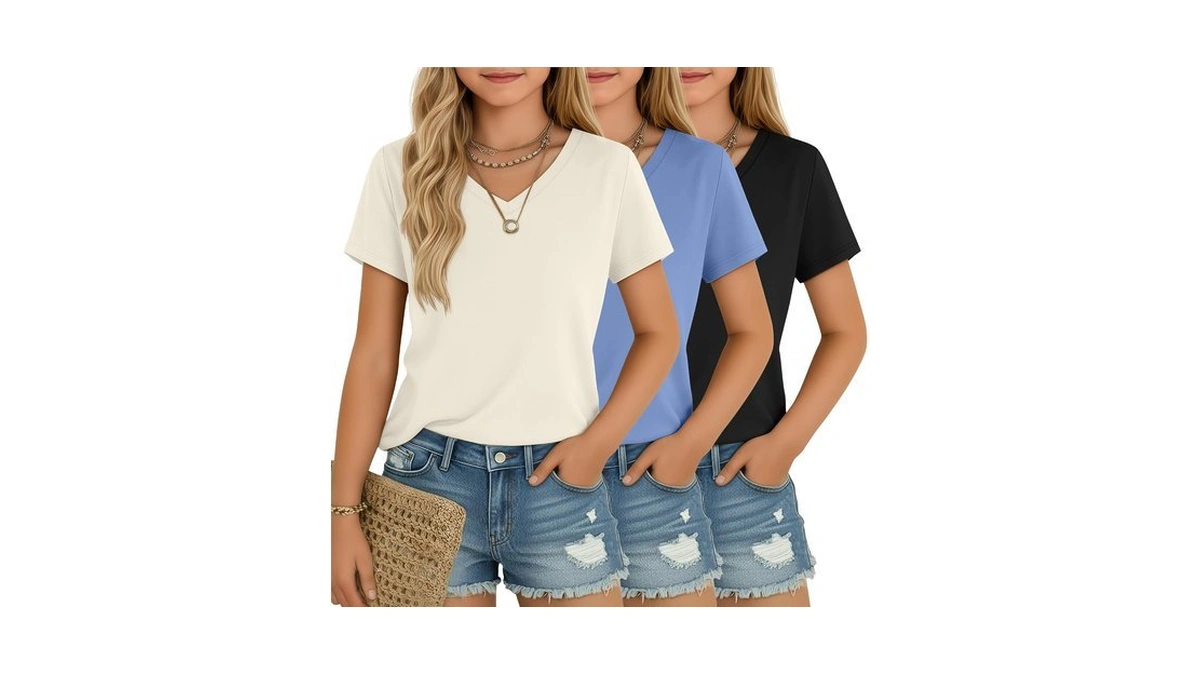 Lessonzoo 3 Pcs Girls' V-neck Loose Fit T-shirts, 3-color, 7-8y