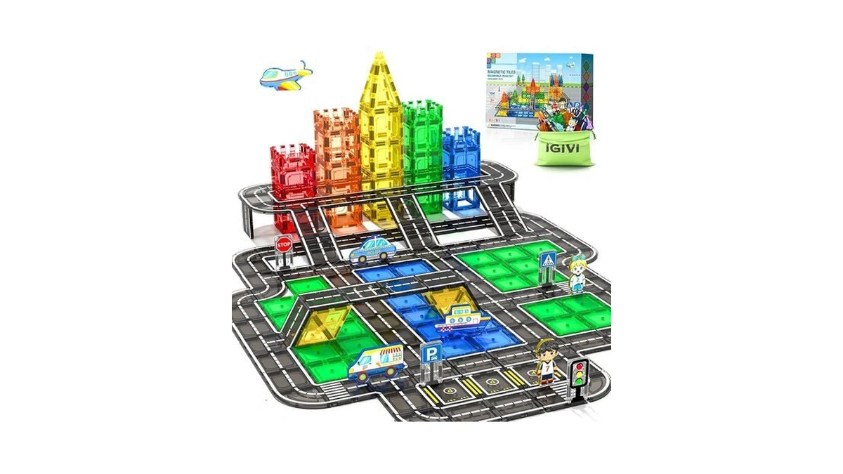 104 Pcs Magnetic Tiles Road Set, Stem Magnet Toys Gift
