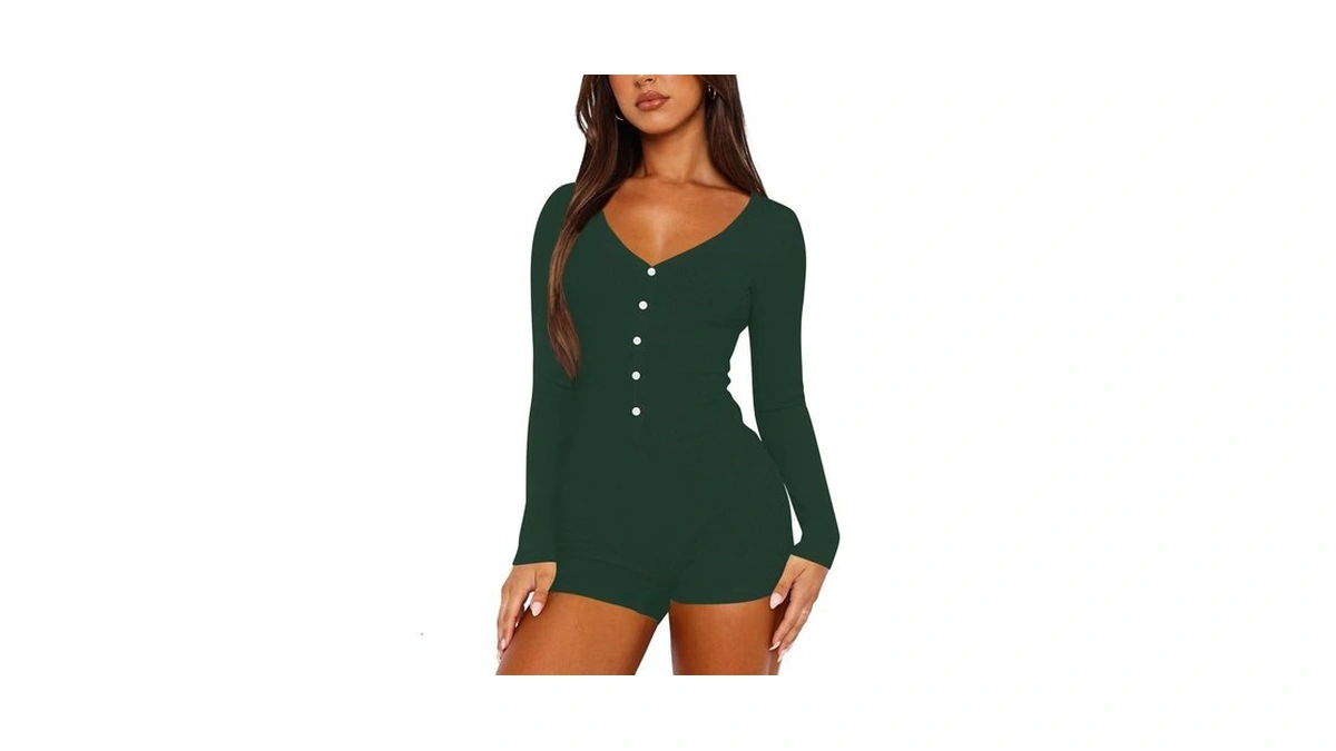 Leedya Women Button Front Long Sleeve Short Romper V Neck
