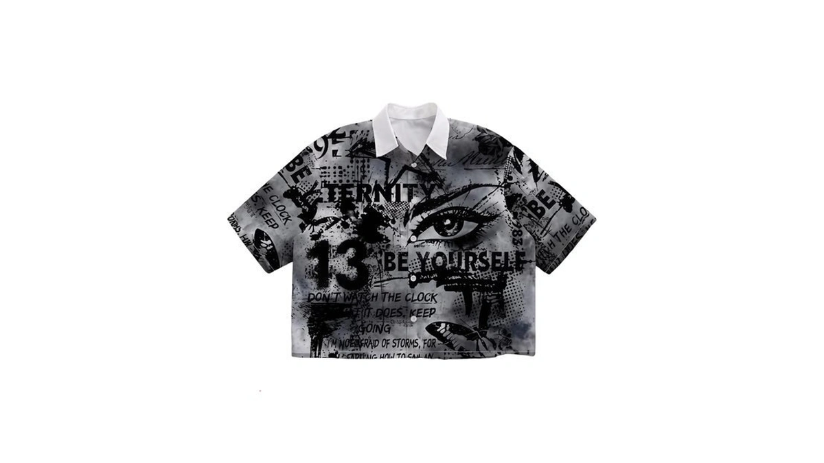 Vipwolf Men's Y2k Graphic Cropped Shirts Button Up Boxy Crop