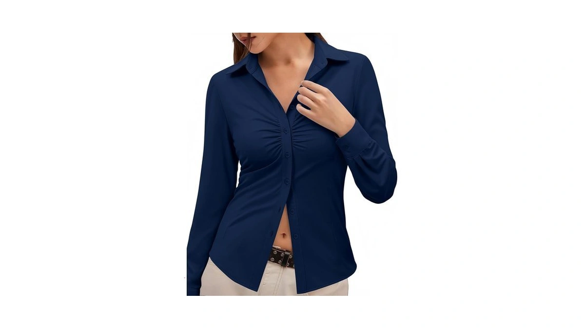 Siliteelon Women's Y2k Button Up Shirt Ruched Long Sleeve Fitted
