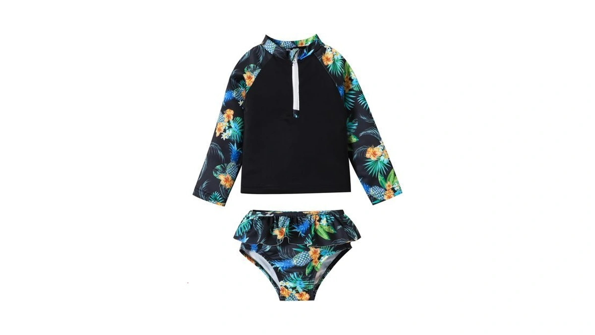 Toddler Girls Long Sleeve Swimsuit 2 Piece Rashguard Set Sun