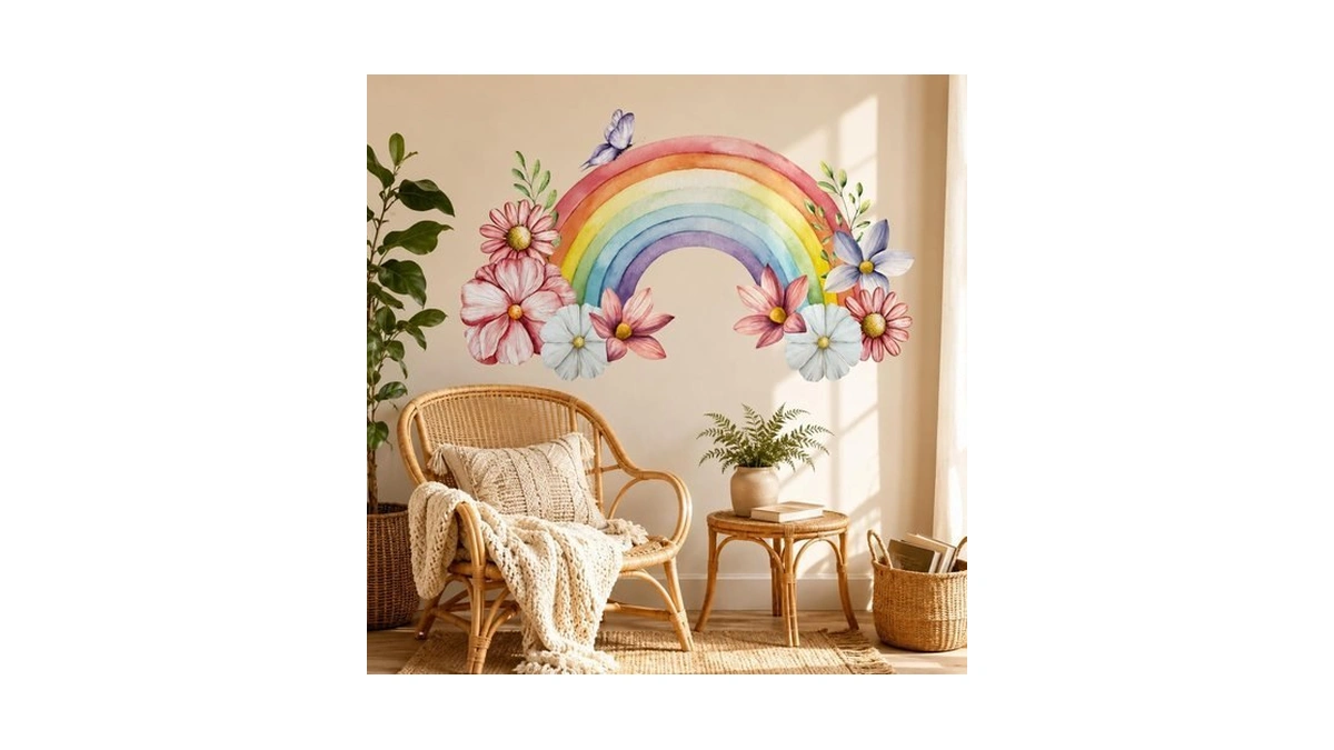 Eutecado Watercolor Rainbow Wall Decals, Floral Butterfly Wall Stickers, Peel