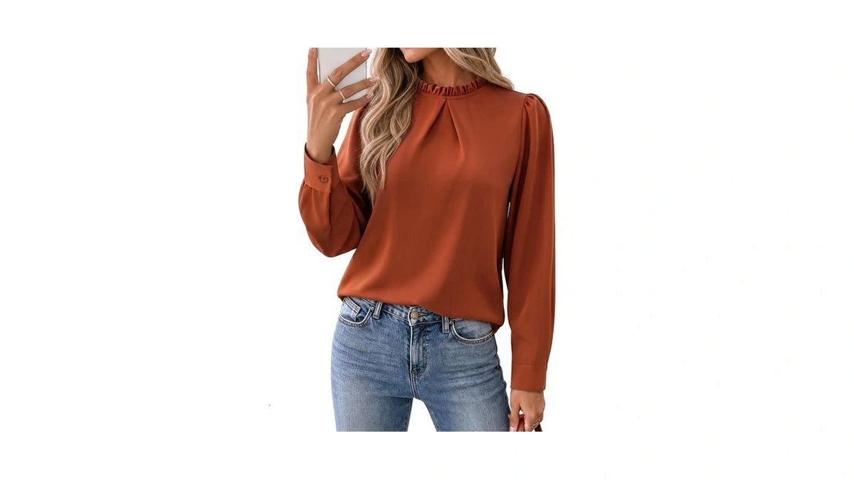 Funlingo Long Sleeve Tops For Women Mock Neck Pleated Business