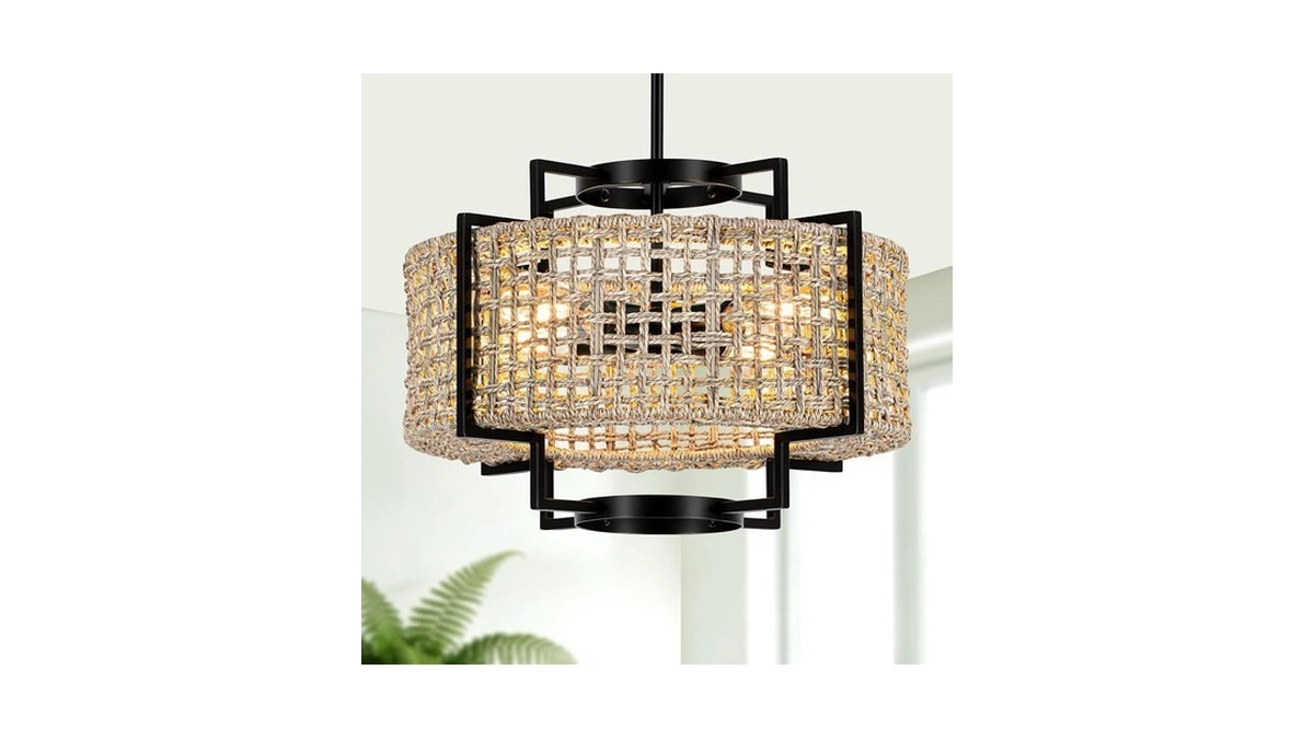 Yoedivu 18" Rattan Chandelier, 4-light Boho Pendant Light For Dining