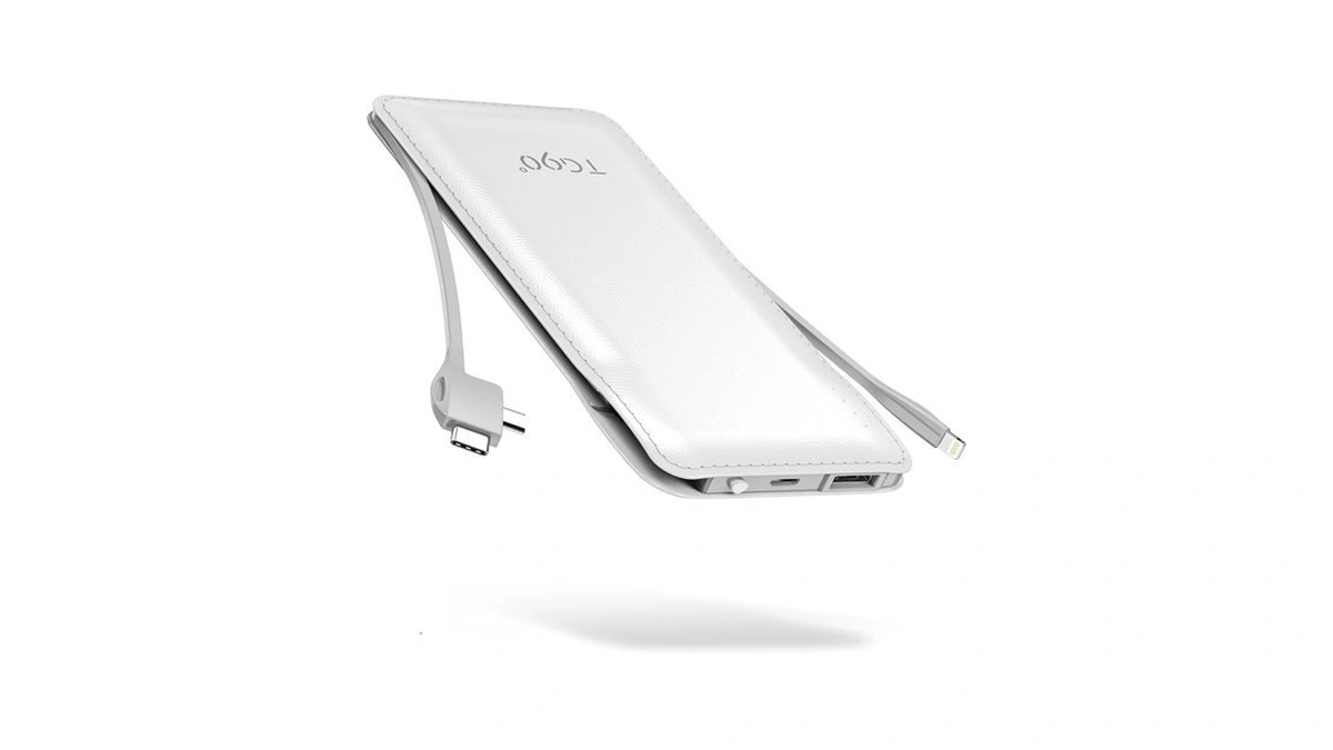 Tg90° 10000mah Slim Portable Charger With Built In Cable,white