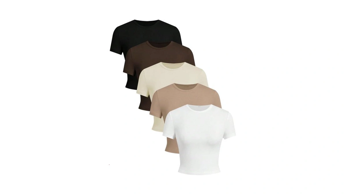 Oyoangle Women's 5 Pack Short Sleeve Cropped T Shirt Crew