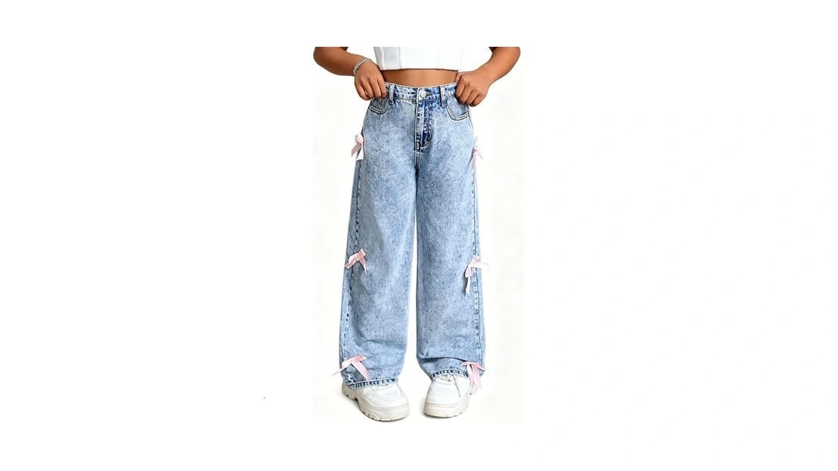 Eucluck Girls Y2k Bow Wide Leg Baggy Jeans, Stretch Elastic