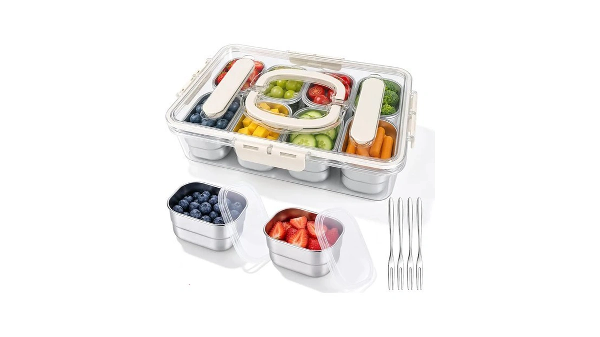 Stainless Steel Snack Box Containers, 8 Removable Cups With Lids
