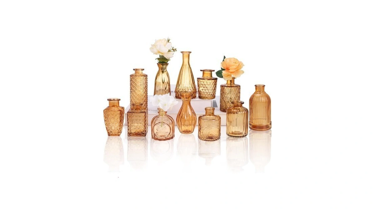 Cucumi 12pcs Bud Vases For Centerpieces, Amber Gold Glass Vase