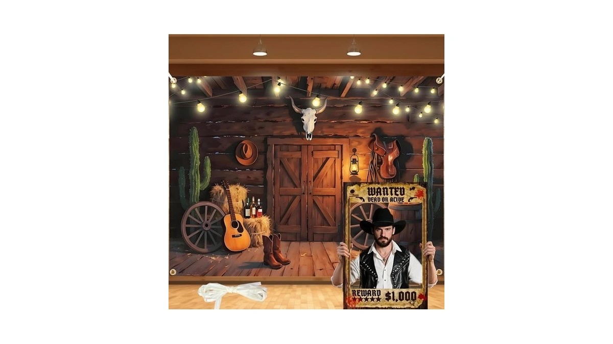 Vintage Western Cowboy Backdrop With Wanted Poster- Durable Polyester Photo