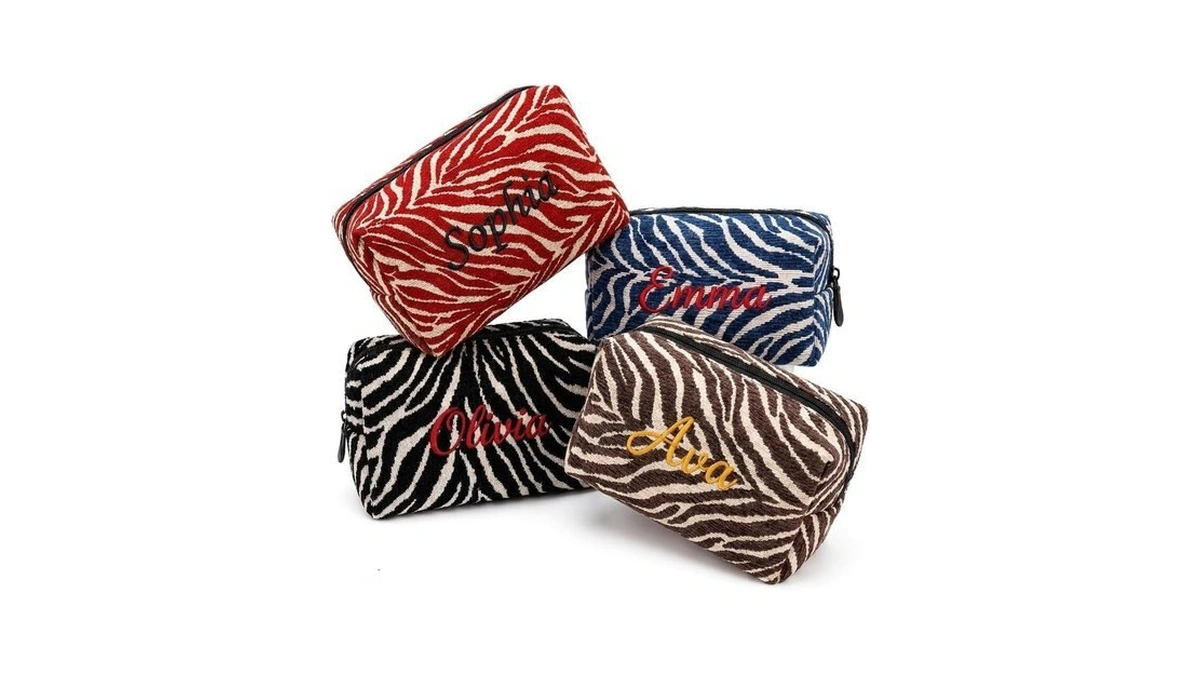 Vkpoynro Personalized Embroidered Zebra Print Makeup Bag, Chenille Jacquard Fabric,