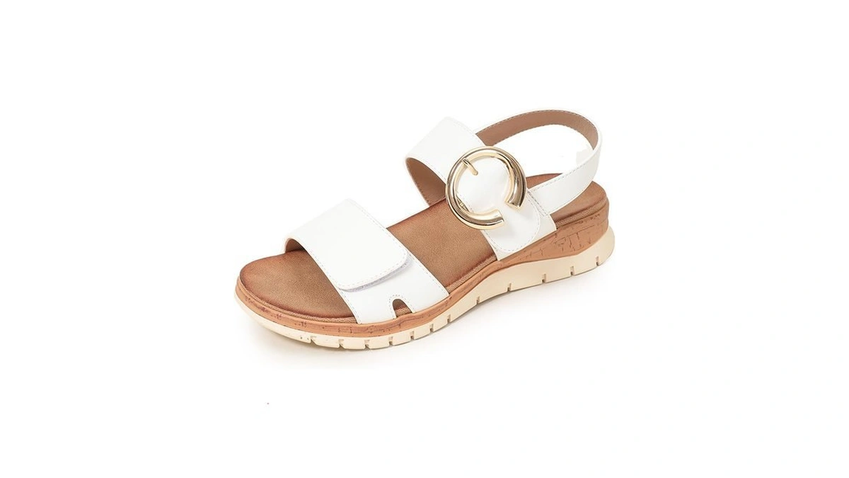 Qbcldf Womens White Wedge Sandals Gold Buckle Adjustable Straps Cork-look
