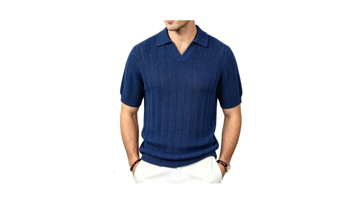 Bogari Mens Knit Polo Shirts Short Sleeve Textured Knit V