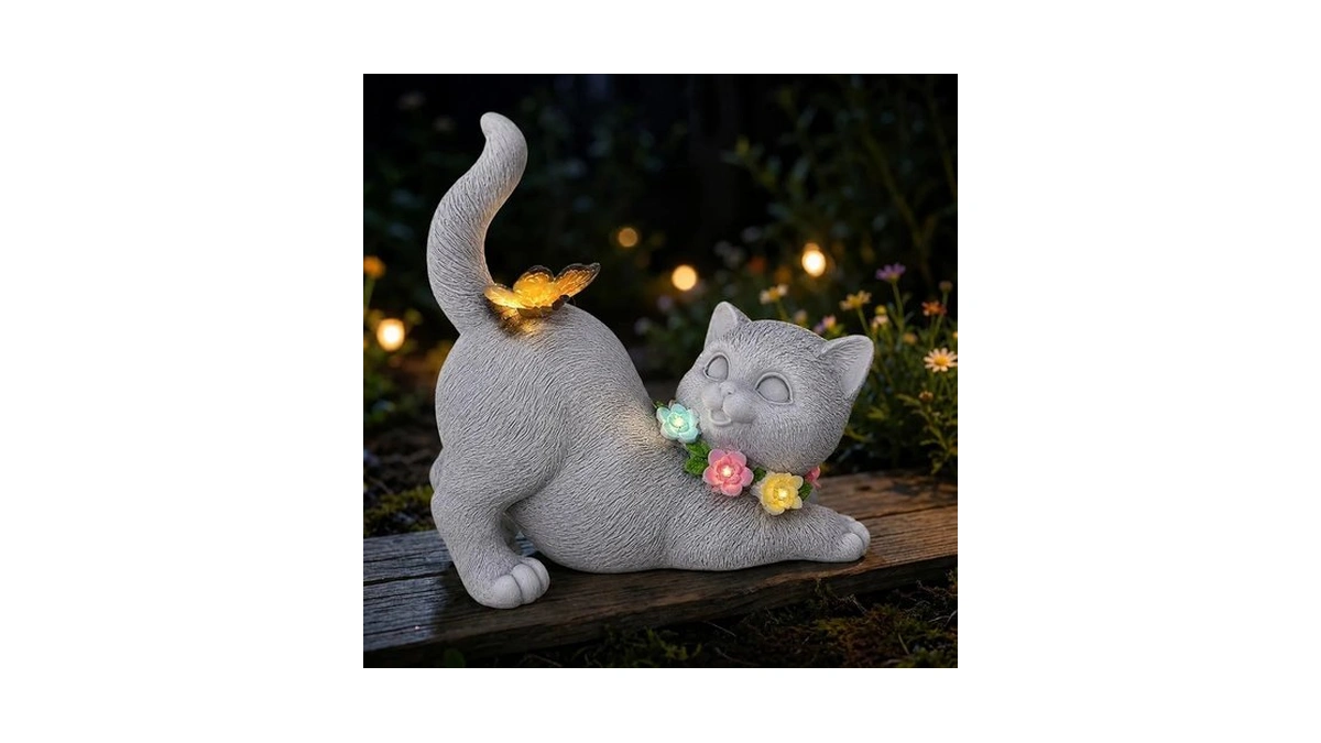 Solar Garden Statue Cat Figurine, Resin Solar Lights With Flower