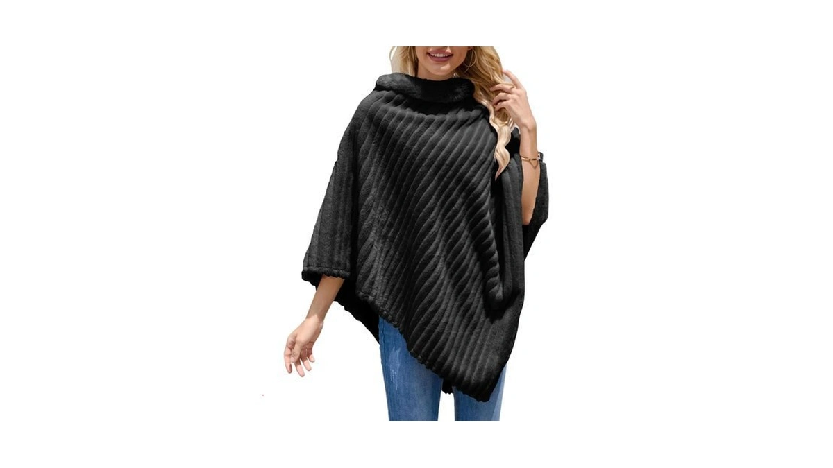 Ferand Women's Cozy Striped Faux Fur Poncho Sweater Soft Fuzzy