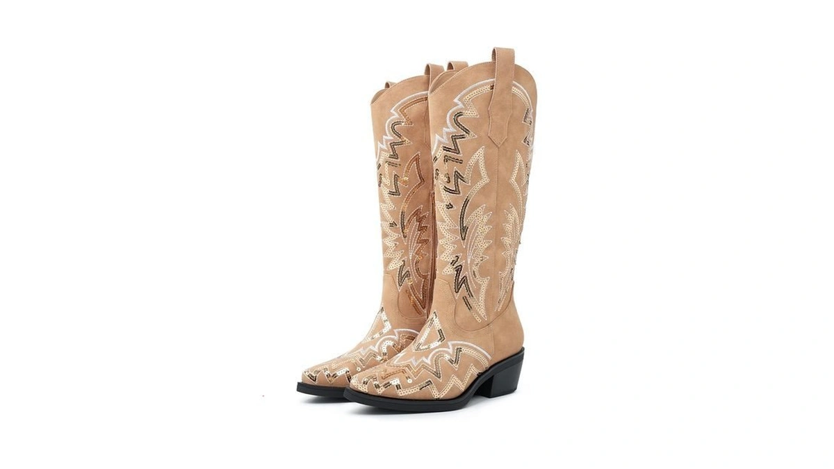 Gemialle Cowboy Boots For Women Classic Sequin Embroidered Mid Calf