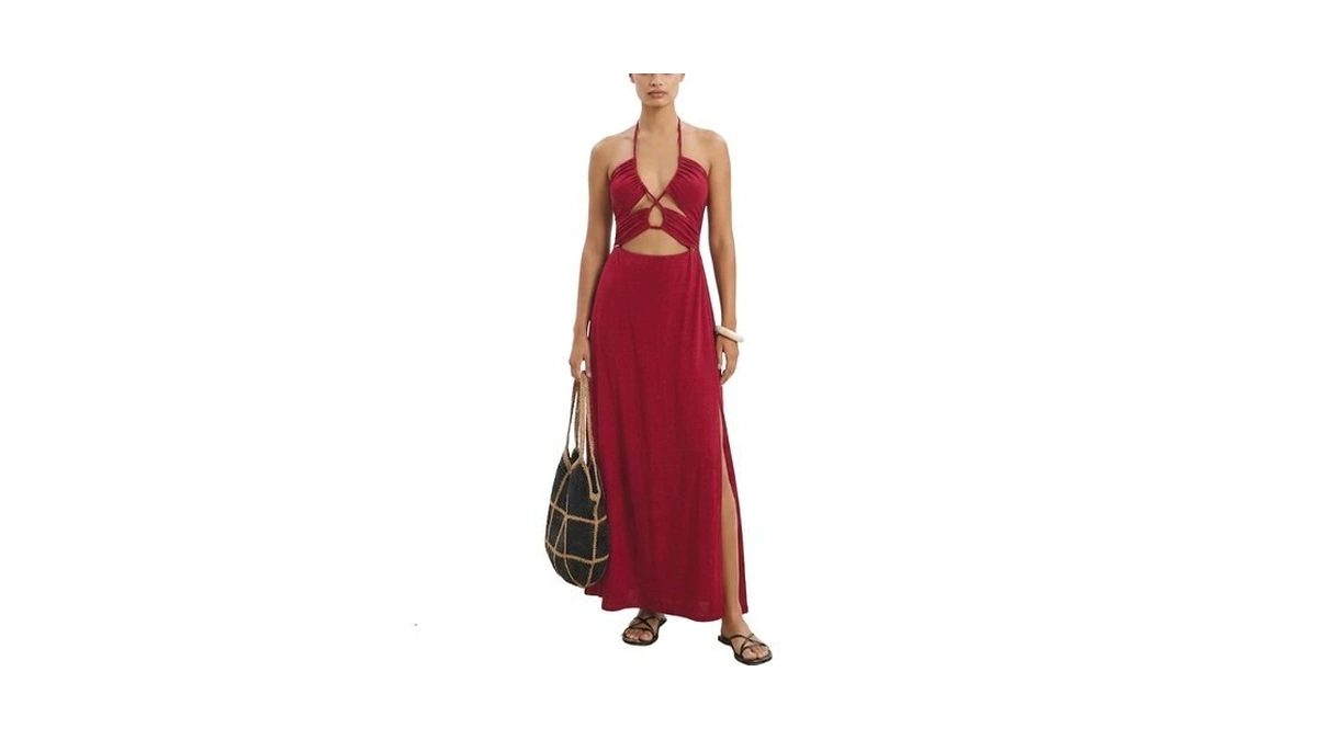 Makabo Red Halter Maxi Coverup Dress For Women Summer Cut-out