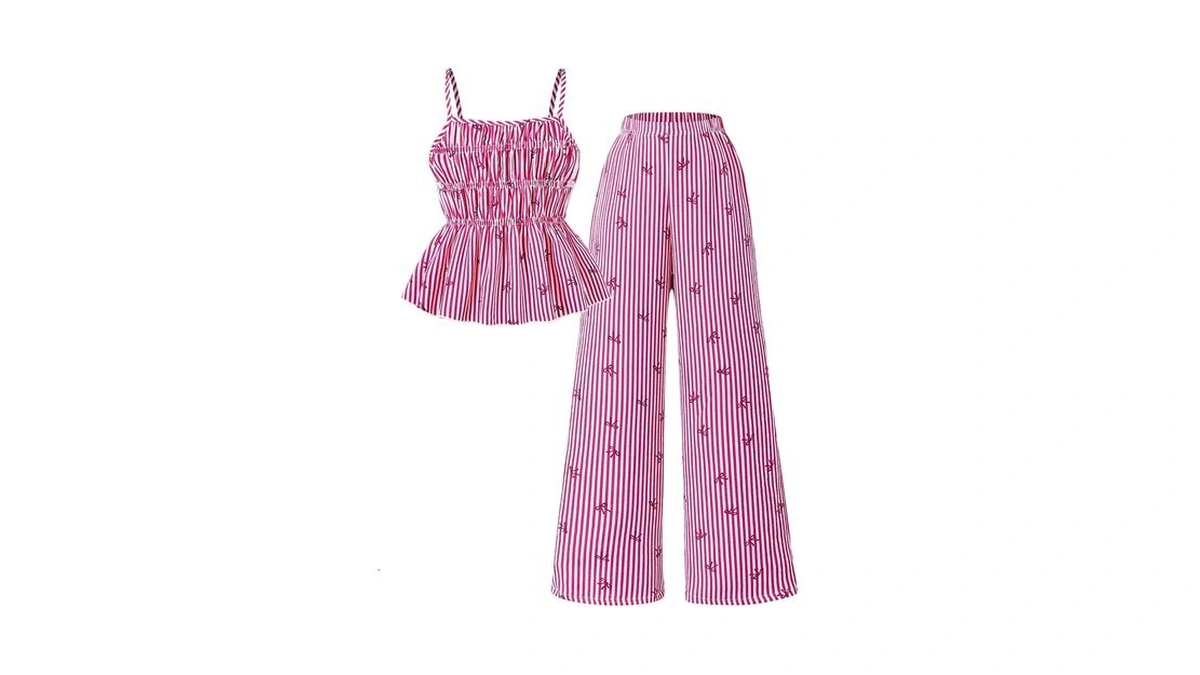 Oyoangle Girl's 2 Piece Outfits Striped Bow Ruched Ruffle Top