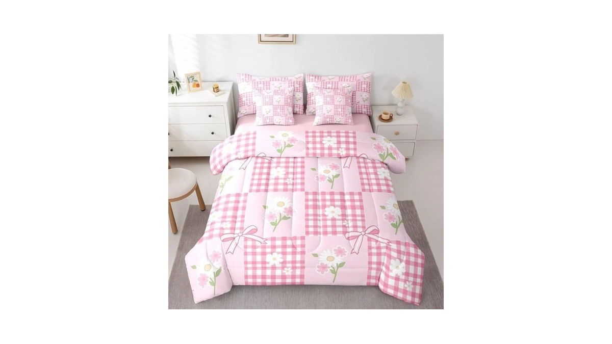 Jejeloiu Flower Bow Comforter Set Daisy Bedding Set Twin Size