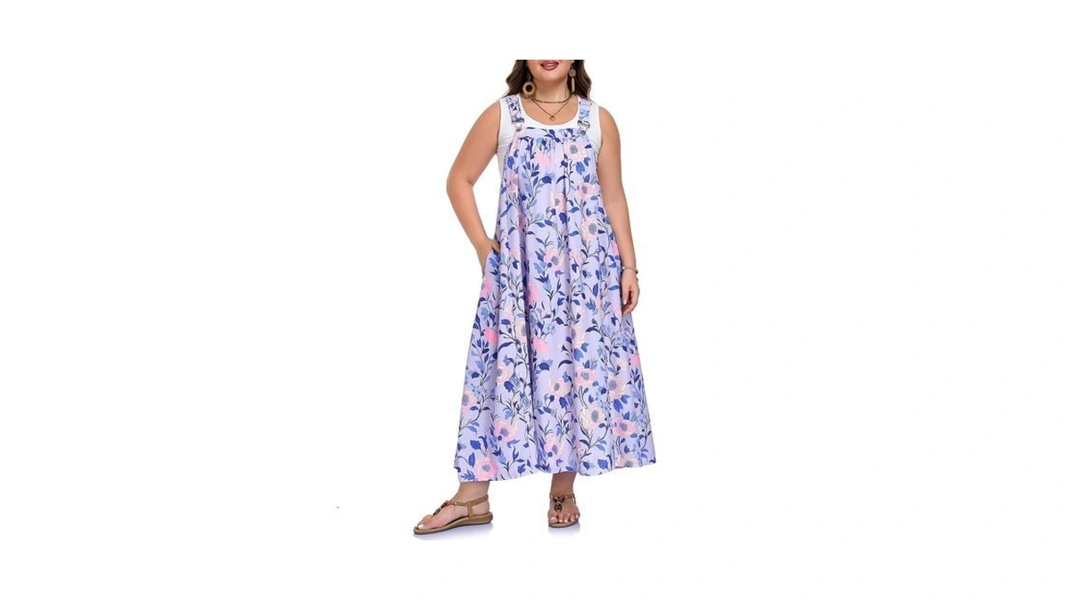 Moon Wood Plus Size Overall Dress For Women Floral Maxi
