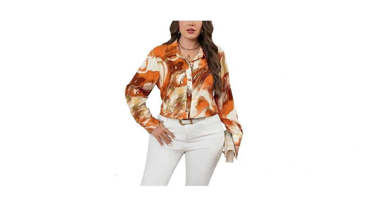 Wdirara Women's Plus Size Marble Print Button Down Long Sleeve