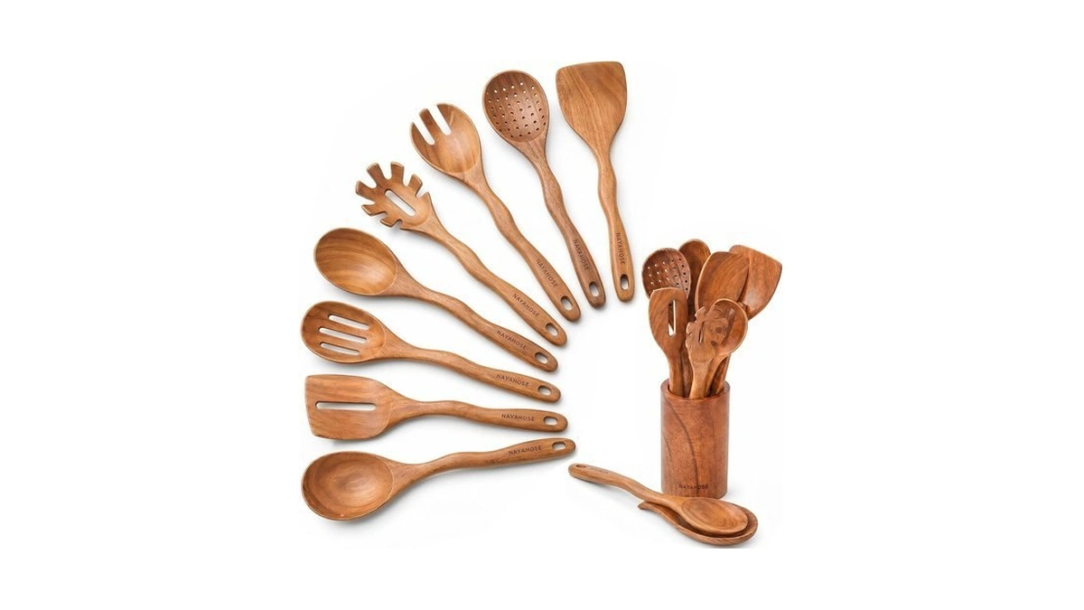Nayahose Kitchen 10pcs Teak Wooden Utensils Set With Holder And