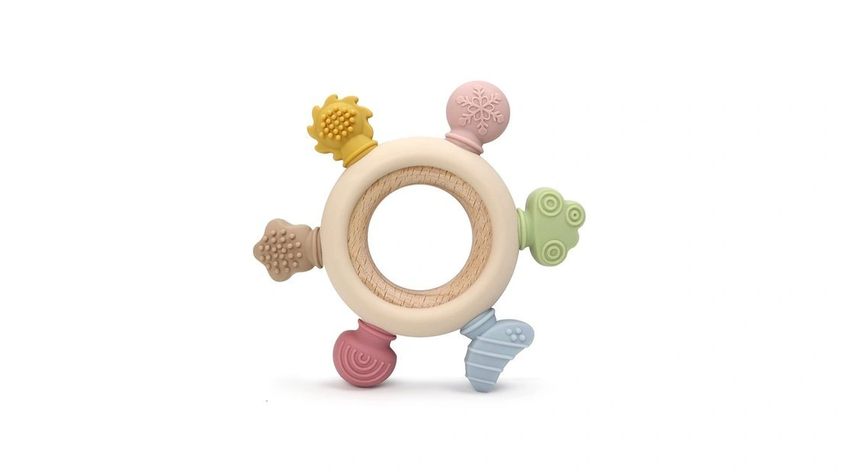Baby Teether Ring For 0–12 Months, Detachable Wooden Silicone Teether
