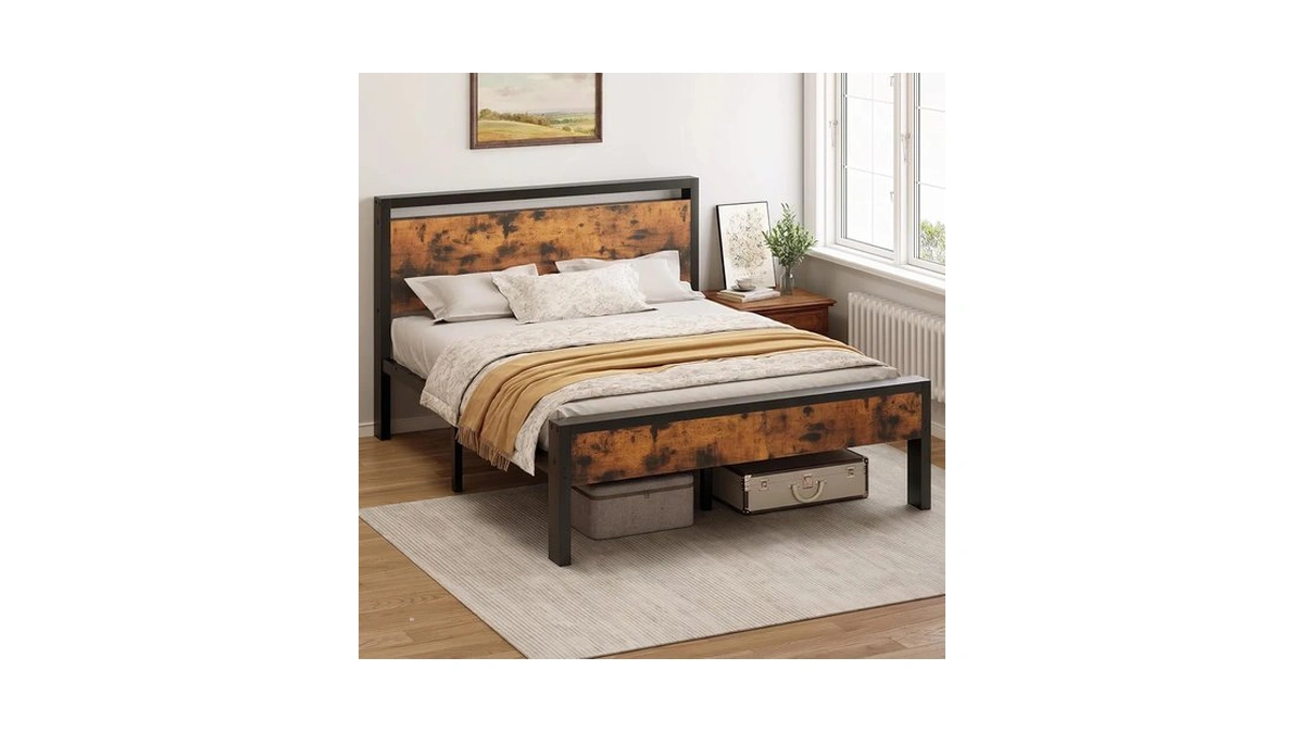Sweetcrispy Queen 14 Inch Bed Frame With Wood Headboard, Rustic