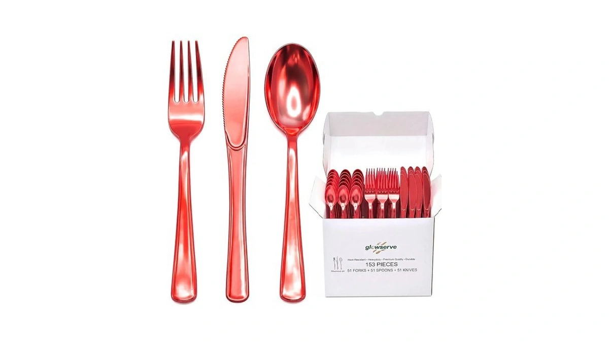 Glowserve 153 Pack Red Disposable Plastic Silverware Set Cutlery Set