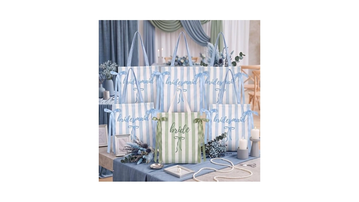 Paterr 8 Pack Blue Striped Canvas Tote Bags For Wedding