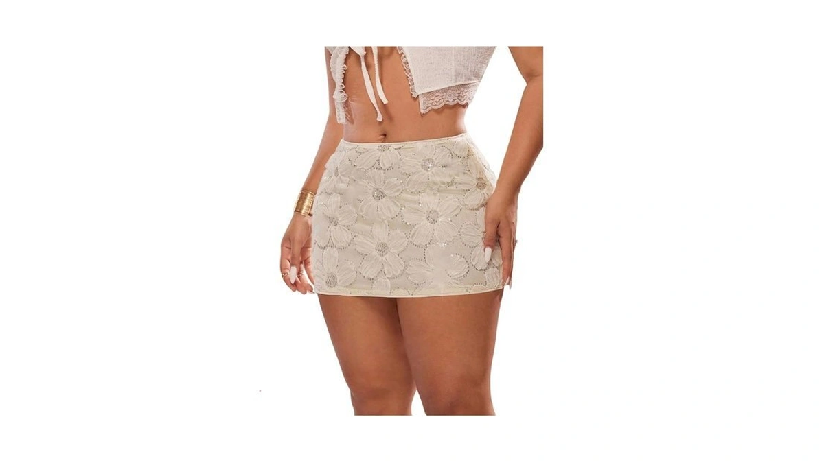 Makemechic Women's Plus Size Sequin Floral Bodycon Skirt Sparkly Low
