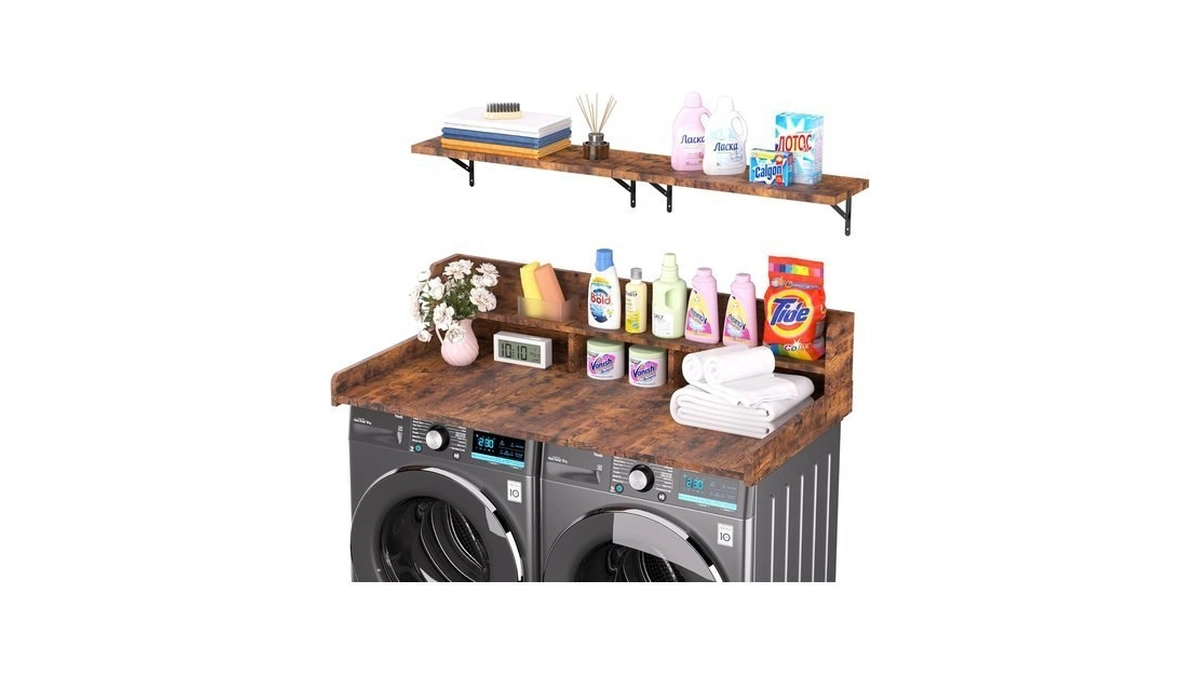 Washer Dryer Countertop With Storage And Wall Shelf (rustic Brown)