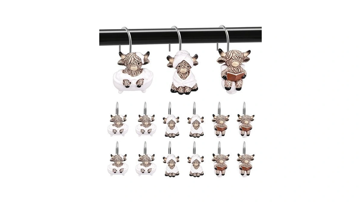 Funny Highland Cow Shower Curtain Hooks Western Cowboy Bathroom Decor