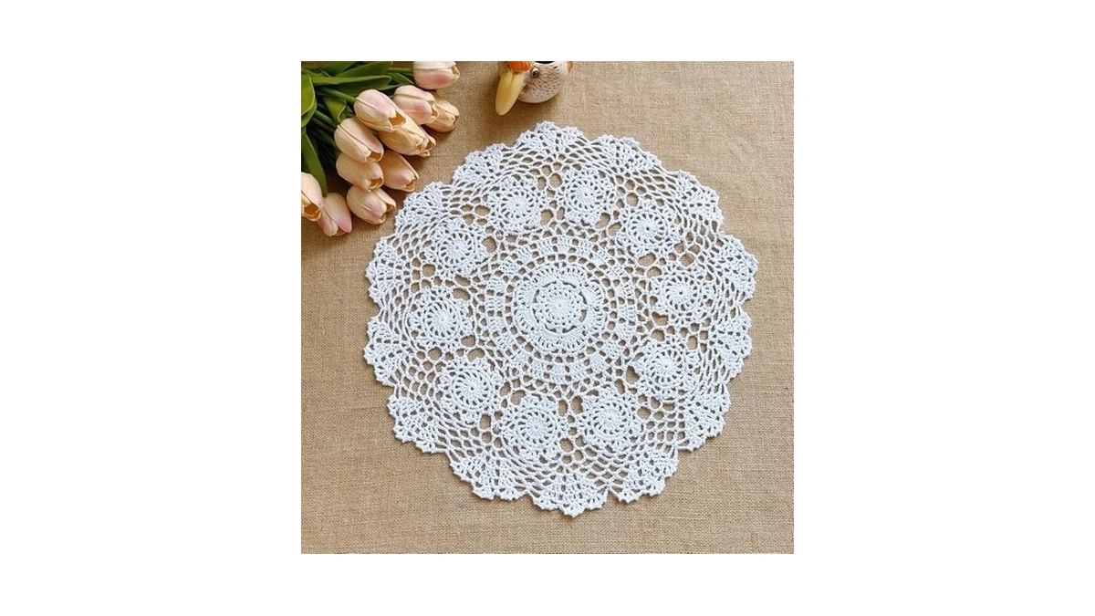 Abreeze Round Floral Handmade Crochet Tablecloth,1 Pc,19.7"x19.7",cotton White Country-style Doily
