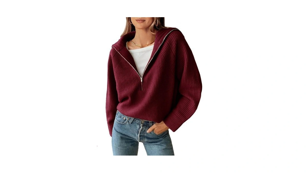 Btfbm Casual Rib Knit V Neck Quarter Zip Womens Sweaters