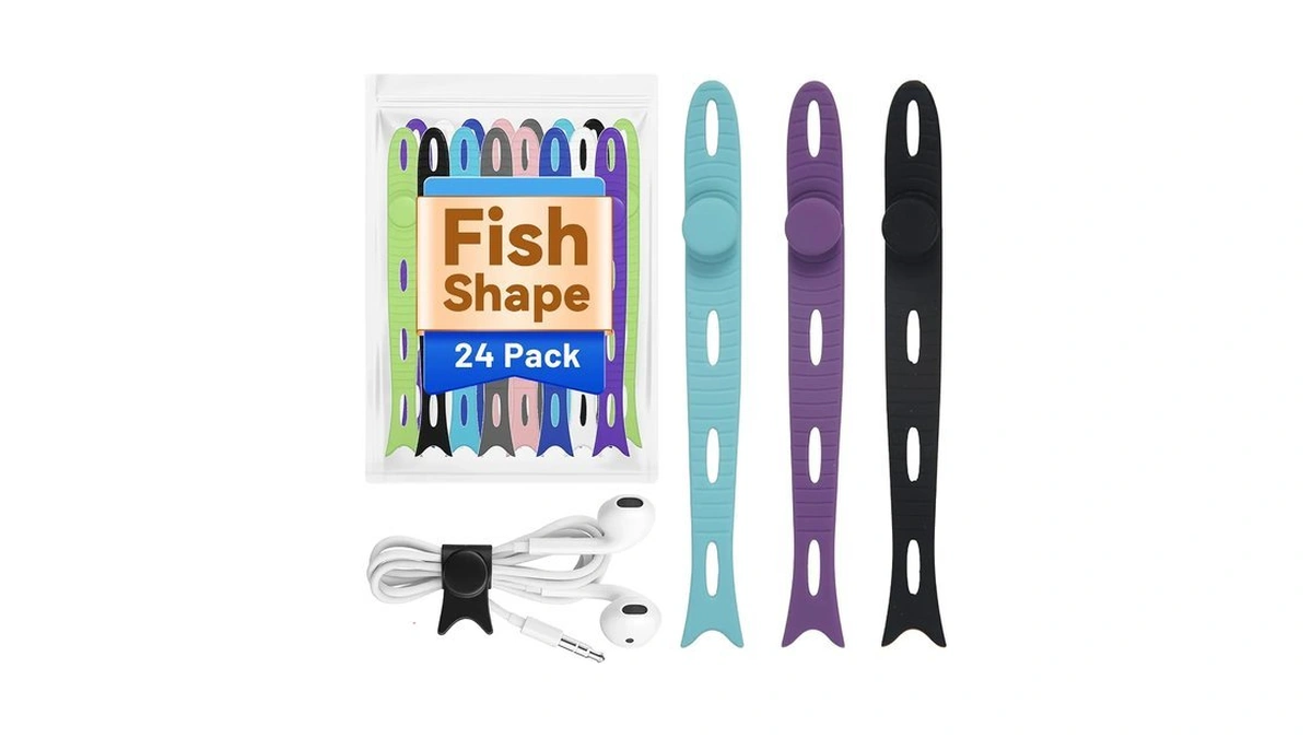 Solidator 24-pack Reusable Fish-shape Silicone Cable Ties β 8 Colors,