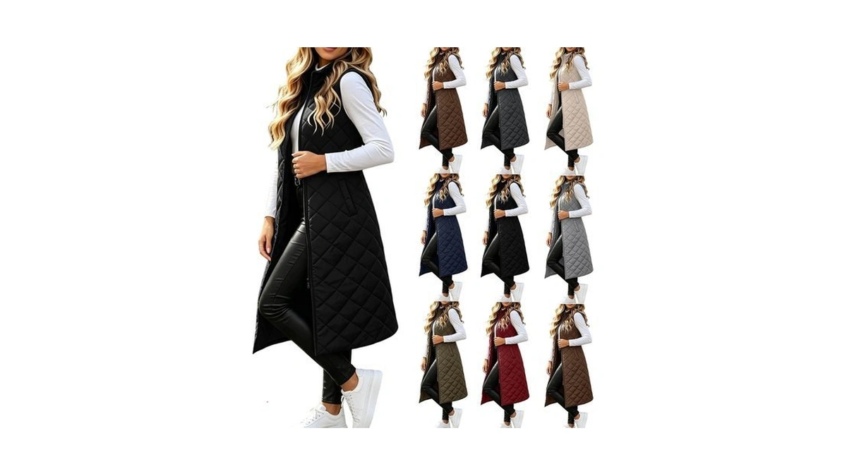 Long Puffer Vest Women Sleeveless Quilted Zip Up Winter Jackets