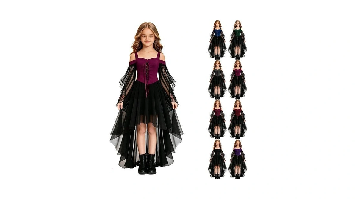 Girls Witch Dress Off Shoulder Lace Gothic Dress Halloween Cosplay