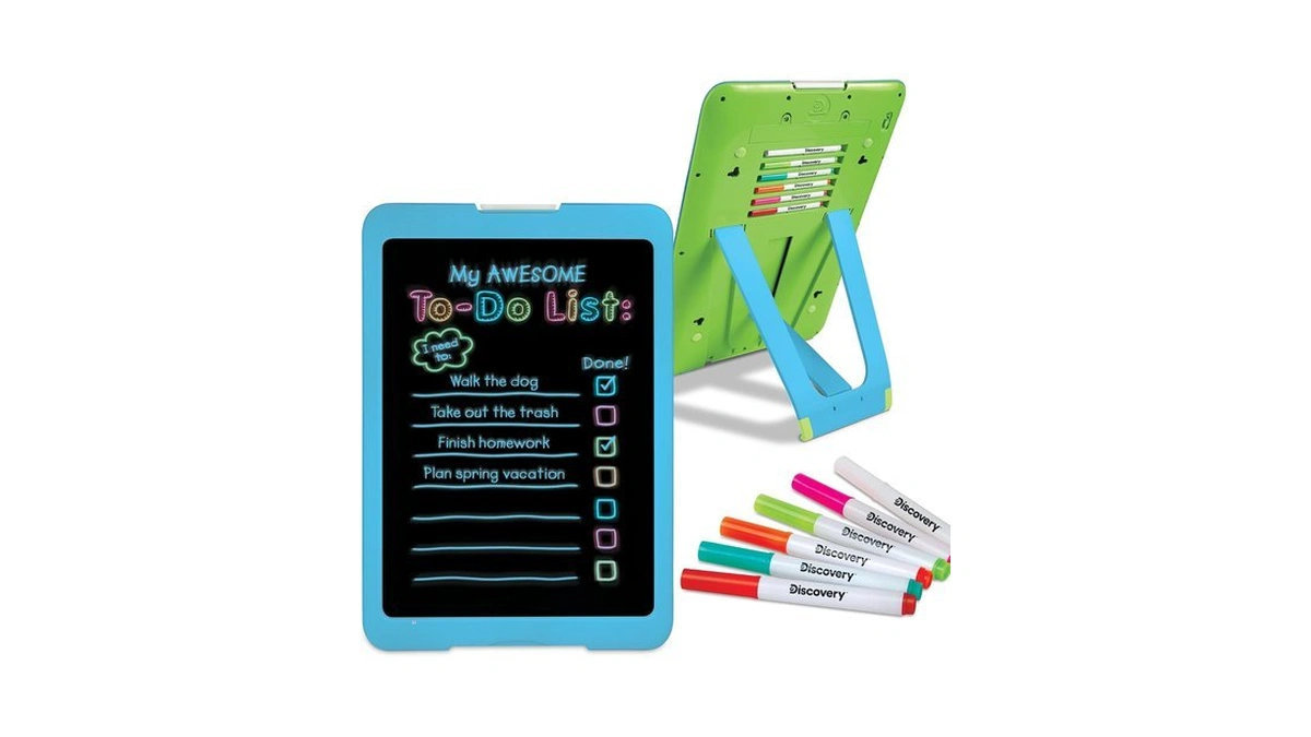 Discovery Neon Glow Drawing Easel W/ 6 Color Markers, Built-in
