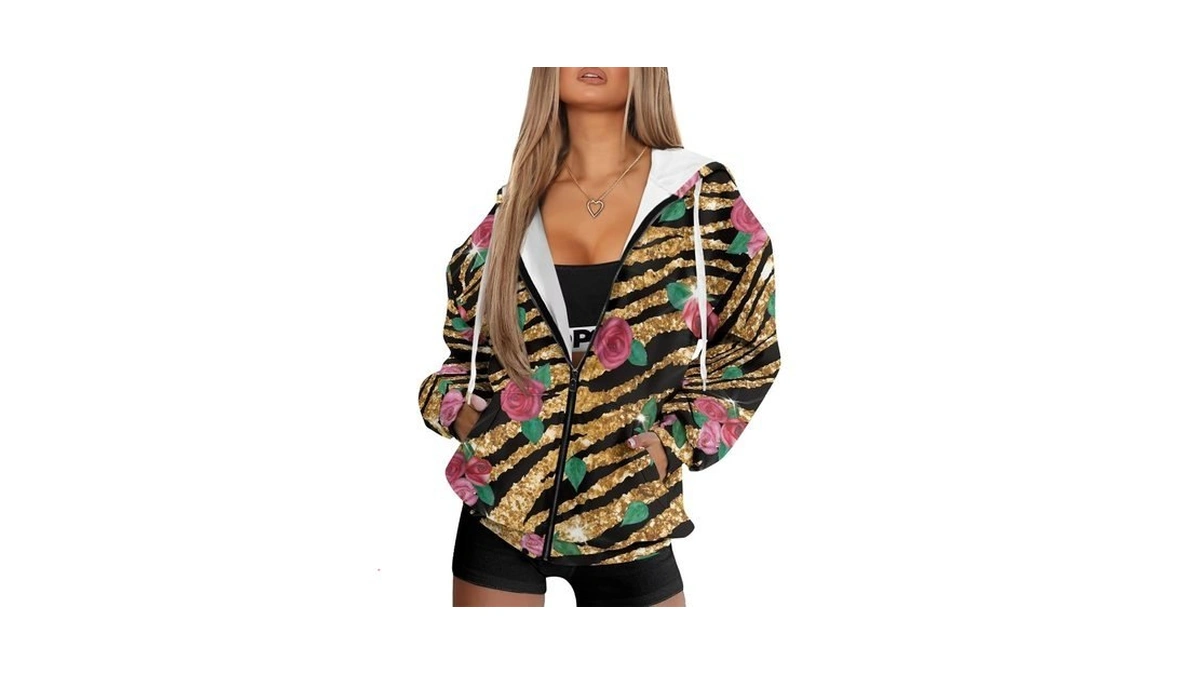 Kathyboom Tiger Stripe Rose Women's Zip Up Hoodies Casual Long
