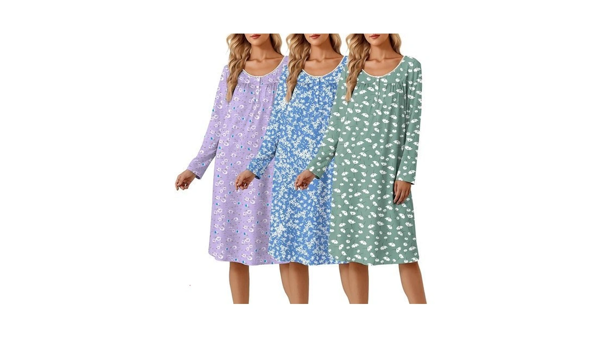 Ekouaer Long Sleeve Nightgowns 3 Pack Sleep Shirts Henley Sleep