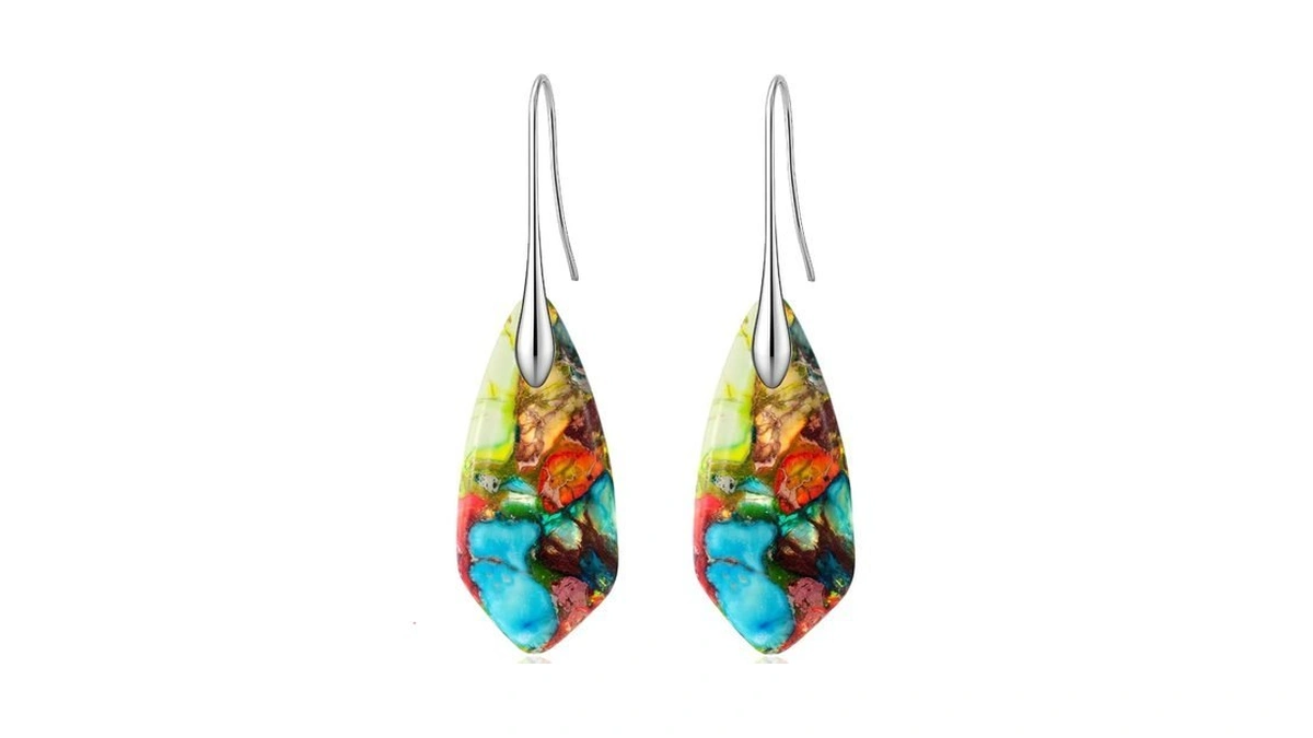 Natural Stone Fishhook Dangle Drop Earrings For Women, Silver Hook，