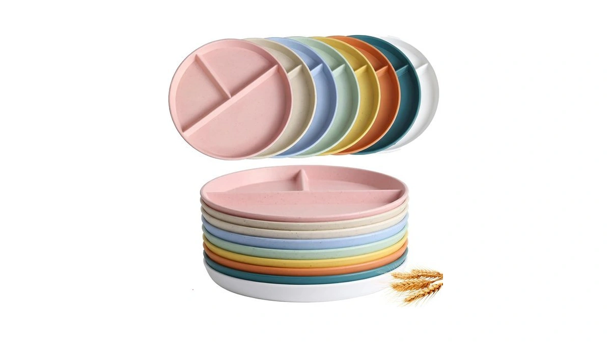 Shuielai 8pc Wheat Straw Divided Plates, 3 Compartment Portion Control