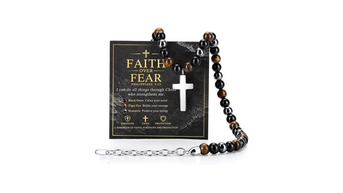Beaded Cross Necklace Gifts For Men - Triple Protection Black