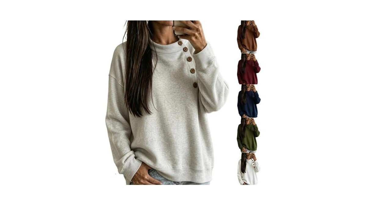 Oversized Mock Neck Sweatshirt Trendy Button Decor Pullover Fall Tops
