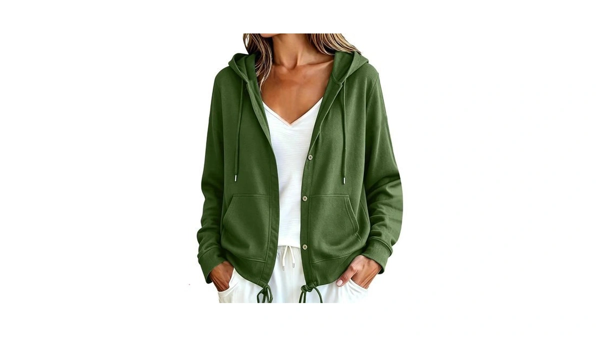 Hooded Cardigan For Women Button Front Drawstring Pockets Sweater
