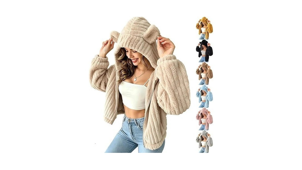 Cropped Zip Up Hoodie Women Fleece Jacket Fuzzy Bear Ears
